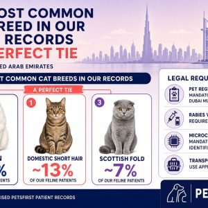 Infographic: Persian and Domestic Short Hair cats are tied at about 13% of PetsFirst feline patients each; Scottish Fold third at about 7%